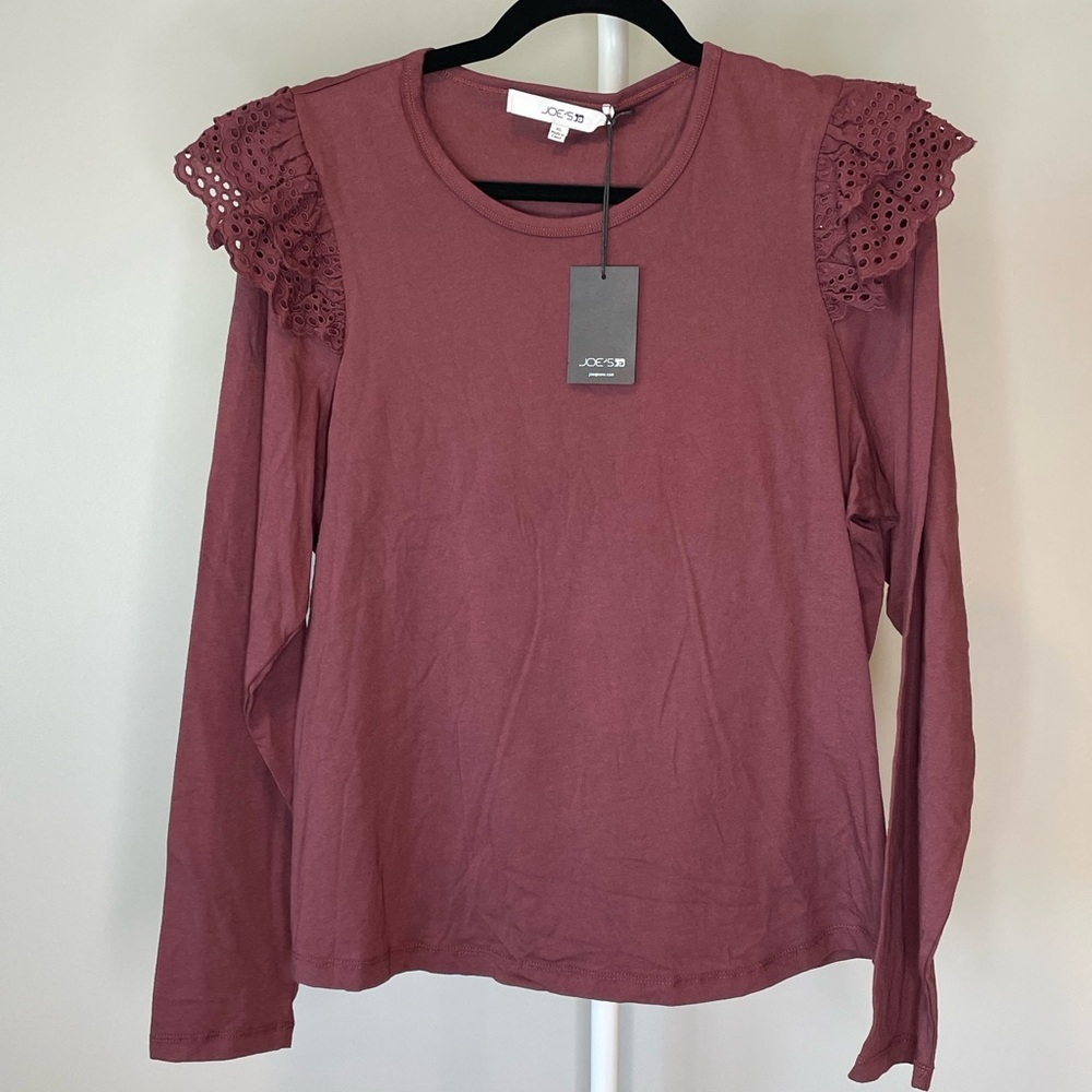 Joe's Jeans Long Sleeve Eyelet Shoulder Top in Vineyard Wine Size XL